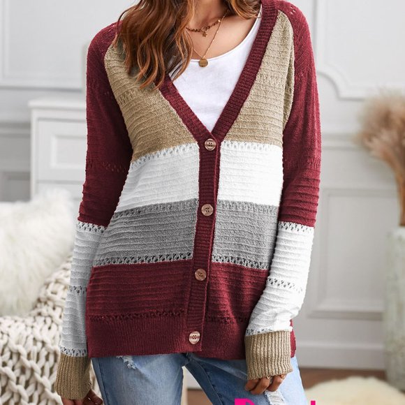 Sweaters - Red V-neck Color Block Button Closure Eyelet Cardigan